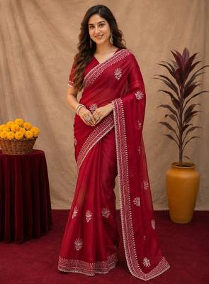 Red soft shimmer chiffon embroidery work saree with unstitched blouse piece 2