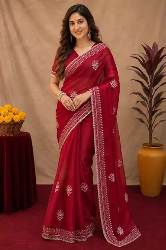 Red soft shimmer chiffon embroidery work saree with unstitched blouse piece