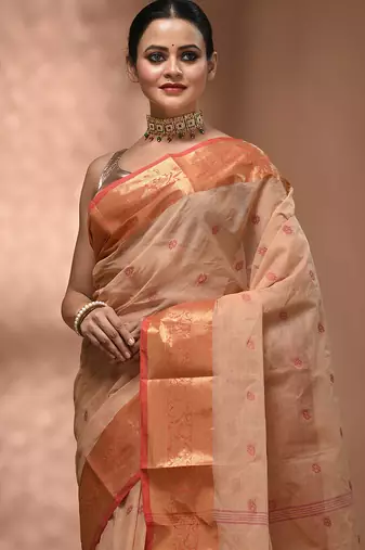 Beige tant pure cotton saree with zari border