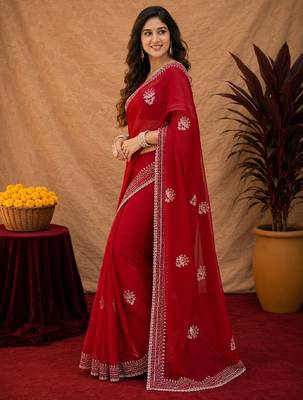 Red soft shimmer chiffon embroidery work saree with unstitched blouse piece 3