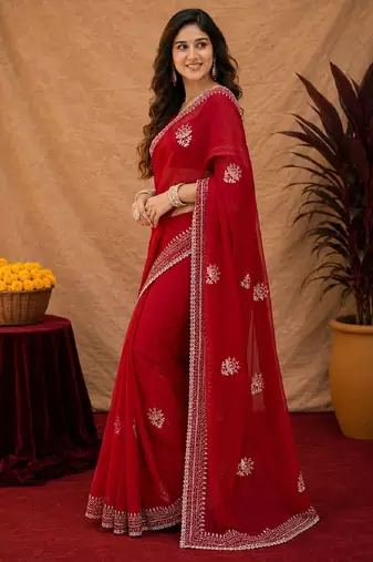 Red soft shimmer chiffon embroidery work saree with unstitched blouse piece