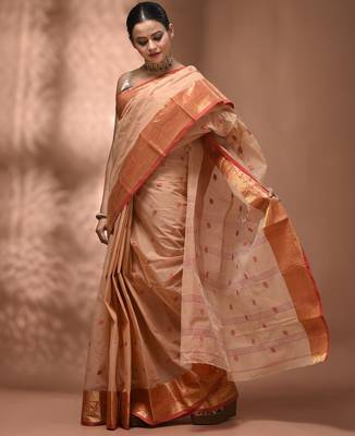 Beige tant pure cotton saree with zari border 5