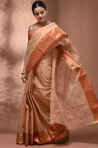Beige tant pure cotton saree with zari border