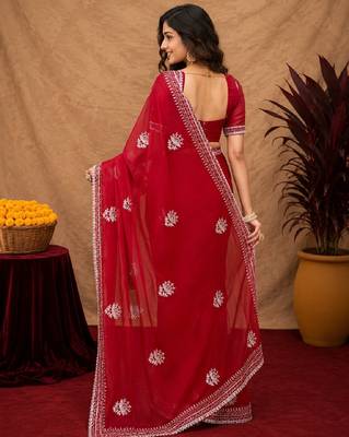 Red soft shimmer chiffon embroidery work saree with unstitched blouse piece 4