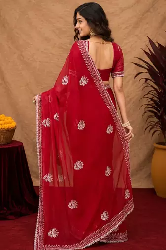 Red soft shimmer chiffon embroidery work saree with unstitched blouse piece