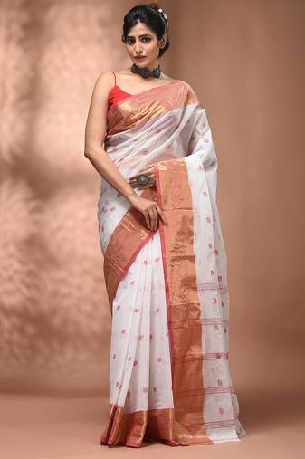White tant pure cotton saree with zari border