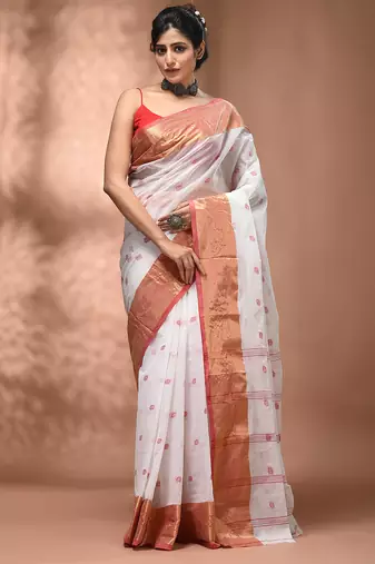 White tant pure cotton saree with zari border