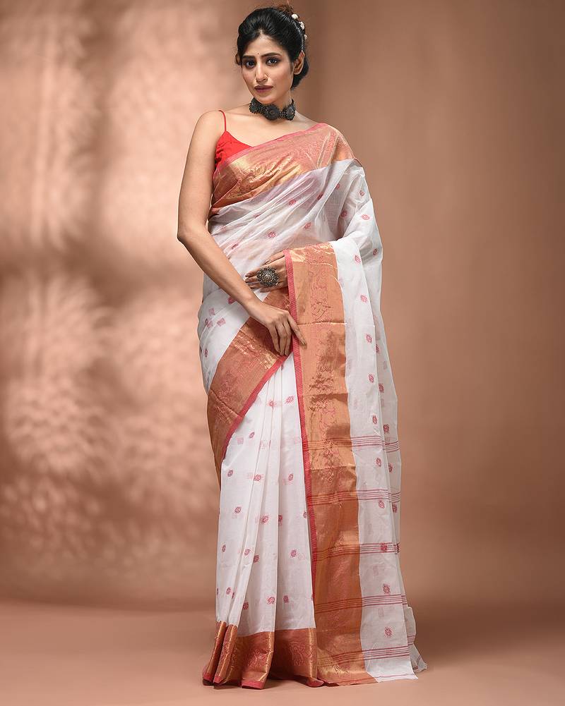 White tant pure cotton saree with zari border