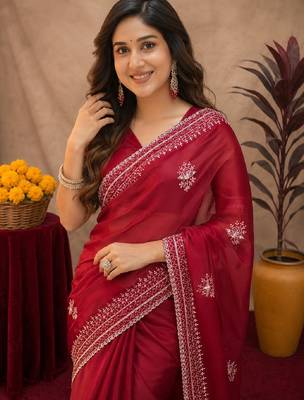 Red soft shimmer chiffon embroidery work saree with unstitched blouse piece 5