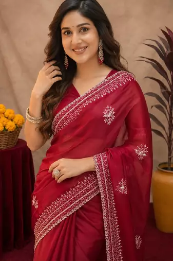 Red soft shimmer chiffon embroidery work saree with unstitched blouse piece
