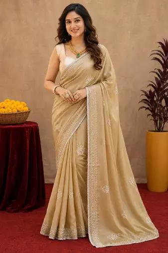 Gold soft shimmer chiffon embroidery work saree with unstitched blouse piece