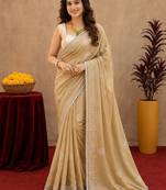 Gold soft shimmer chiffon embroidery work saree with unstitched blouse piece