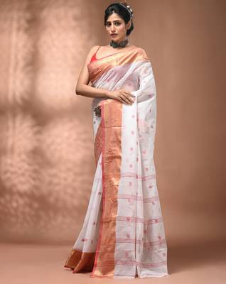 White tant pure cotton saree with zari border 3