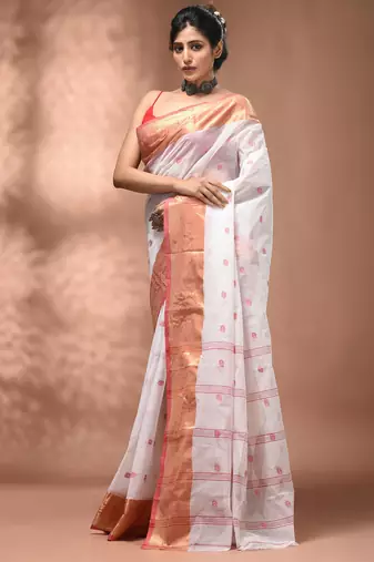 White tant pure cotton saree with zari border