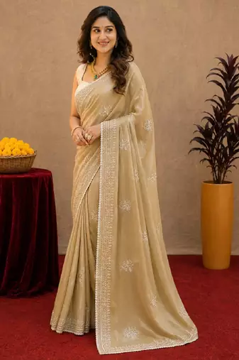 Gold soft shimmer chiffon embroidery work saree with unstitched blouse piece