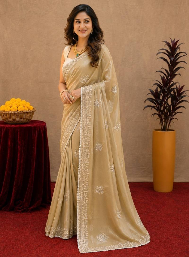 Gold soft shimmer chiffon embroidery work saree with unstitched blouse piece