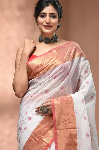 White tant pure cotton saree with zari border
