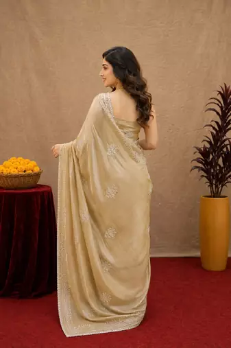 Gold soft shimmer chiffon embroidery work saree with unstitched blouse piece