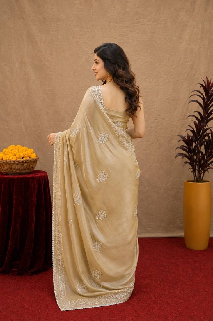 Gold soft shimmer chiffon embroidery work saree with unstitched blouse piece