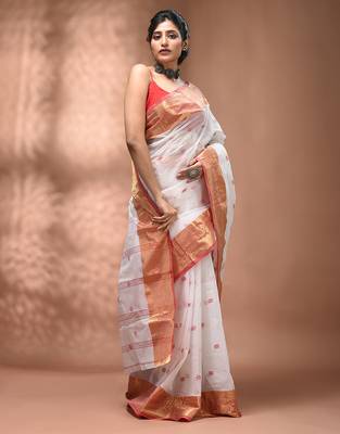 White tant pure cotton saree with zari border 5