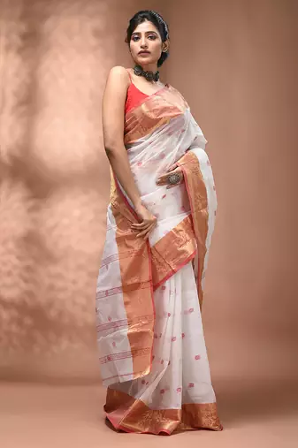 White tant pure cotton saree with zari border