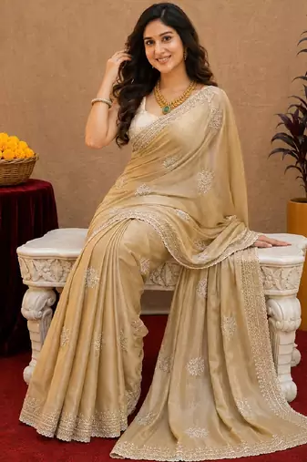 Gold soft shimmer chiffon embroidery work saree with unstitched blouse piece