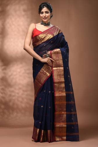 Navy blue tant pure cotton saree with zari border