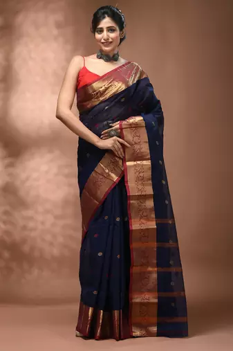 Navy blue tant pure cotton saree with zari border