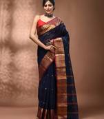 Navy blue tant pure cotton saree with zari border