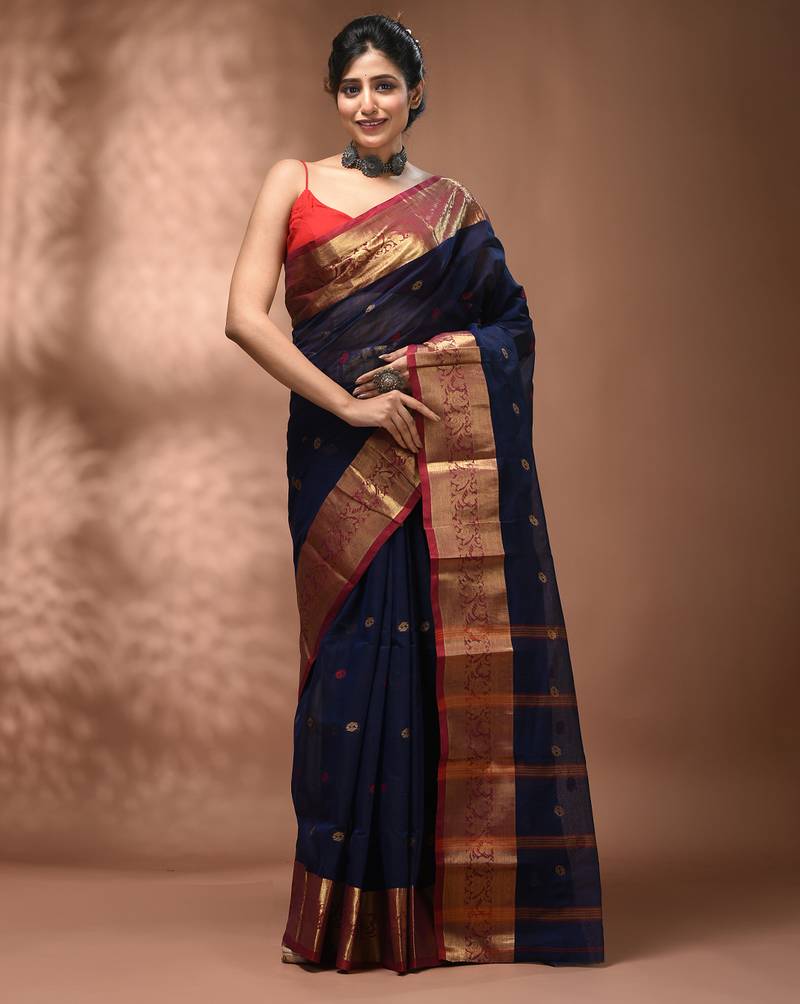 Navy blue tant pure cotton saree with zari border