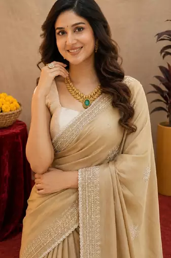 Gold soft shimmer chiffon embroidery work saree with unstitched blouse piece