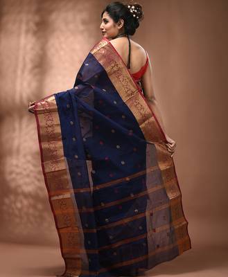 Navy blue tant pure cotton saree with zari border 2