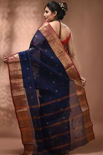 Navy blue tant pure cotton saree with zari border
