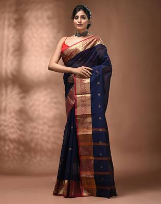 Navy blue tant pure cotton saree with zari border 3