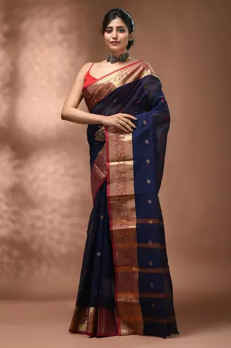 Navy blue tant pure cotton saree with zari border