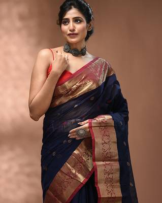 Navy blue tant pure cotton saree with zari border 4
