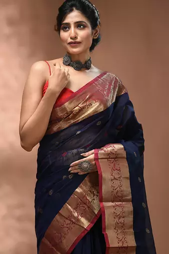 Navy blue tant pure cotton saree with zari border