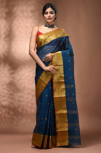 Sapphire blue tant pure cotton saree with rich golden zari border & pallu