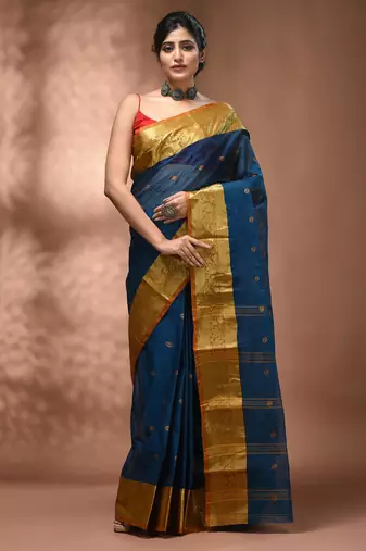 Sapphire blue tant pure cotton saree with rich golden zari border & pallu