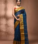 Sapphire blue tant pure cotton saree with rich golden zari border & pallu