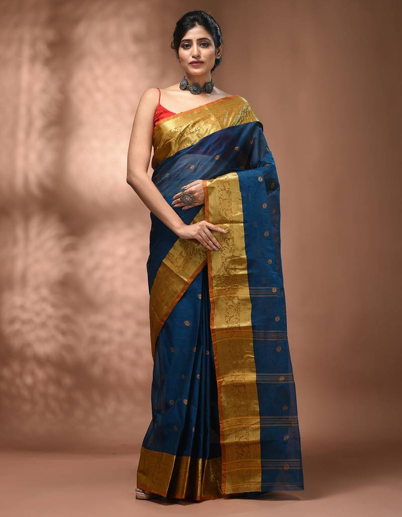 Sapphire blue tant pure cotton saree with rich golden zari border & pallu