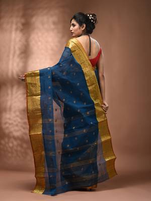Sapphire blue tant pure cotton saree with rich golden zari border & pallu 2