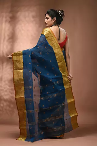 Sapphire blue tant pure cotton saree with rich golden zari border & pallu