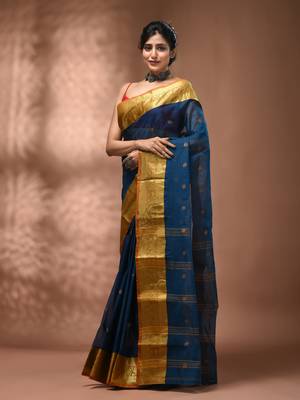 Sapphire blue tant pure cotton saree with rich golden zari border & pallu 3