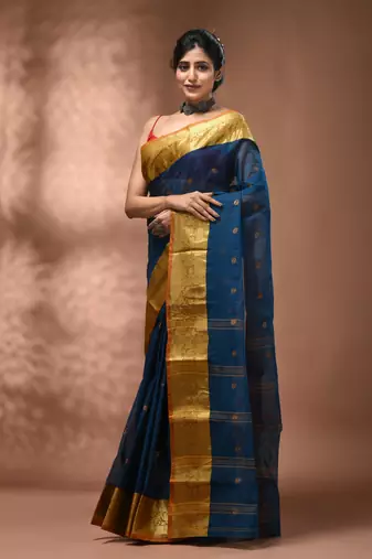 Sapphire blue tant pure cotton saree with rich golden zari border & pallu