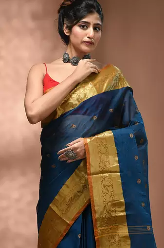 Sapphire blue tant pure cotton saree with rich golden zari border & pallu