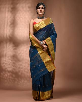 Sapphire blue tant pure cotton saree with rich golden zari border & pallu 5