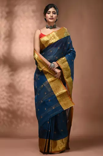 Sapphire blue tant pure cotton saree with rich golden zari border & pallu