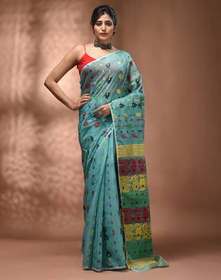Sea green silk cotton handwoven soft jamdani saree 1