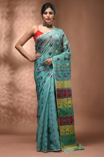 Sea green silk cotton handwoven soft jamdani saree